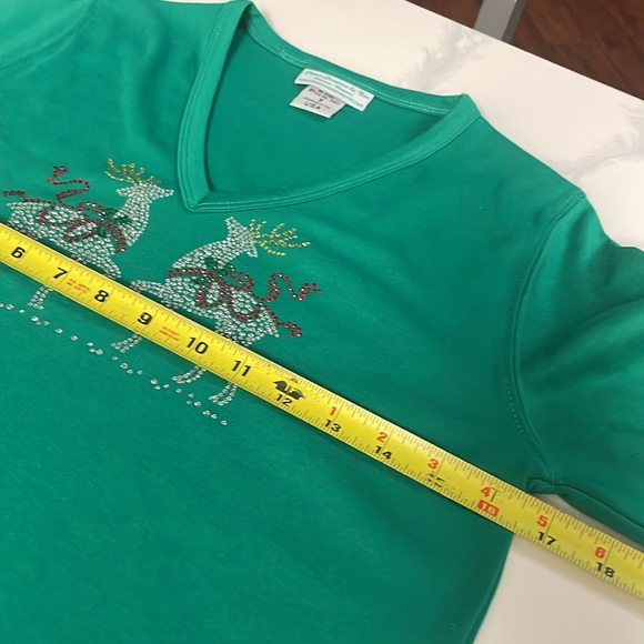 Reindeer Bling Christmas Top Green V Neck - Picture 7 of 10